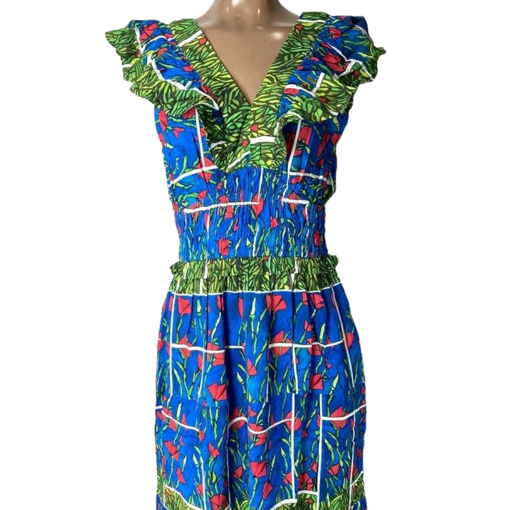 NEW GARRIE B Womens Midi Dress Blue Multi Sleeveless Floral Smocked Waist